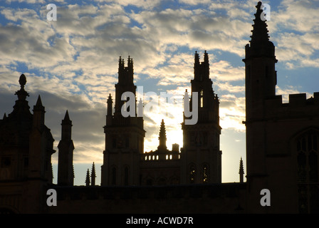 Hawksmoor`s twin towers of All Souls College silhouetted early morning, Oxford, England, UK Stock Photo